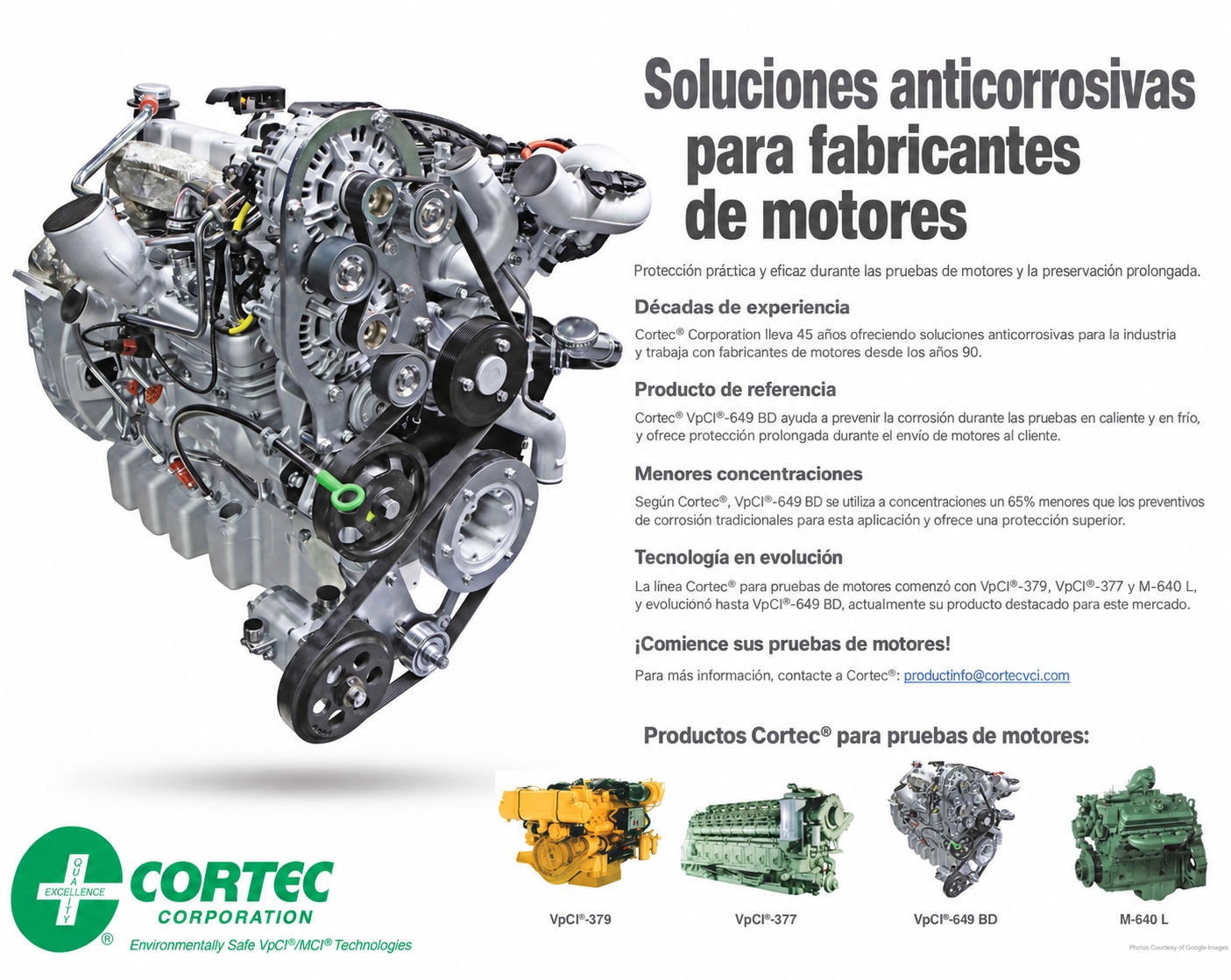 Folleto en español: soluciones anticorrosivas Cortec para fabricantes de motores, con VpCI-649 BD